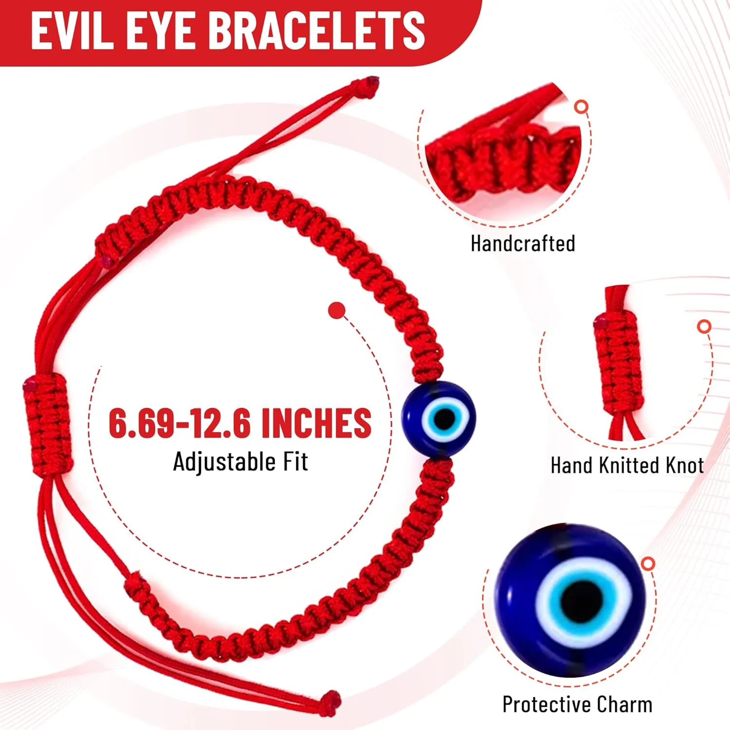 Handmade Evil Eye Bracelets for Protection, Mal De Ojo, Adjustable Bracelet For Men Women Boys Girls, 4 Count (Black)