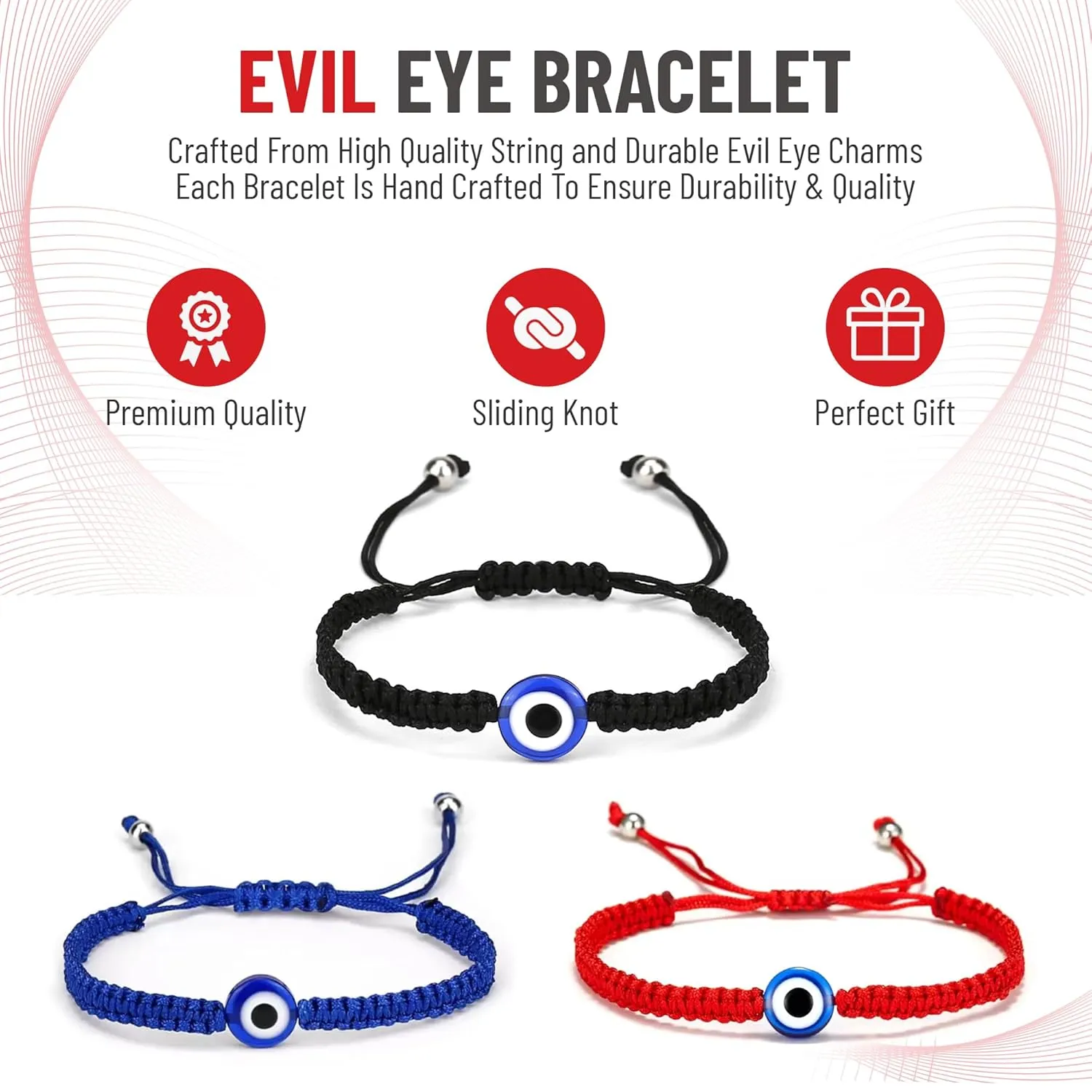 Handmade Evil Eye Bracelets for Protection, Mal De Ojo, Adjustable Bracelet For Men Women Boys Girls, 4 Count (Black)