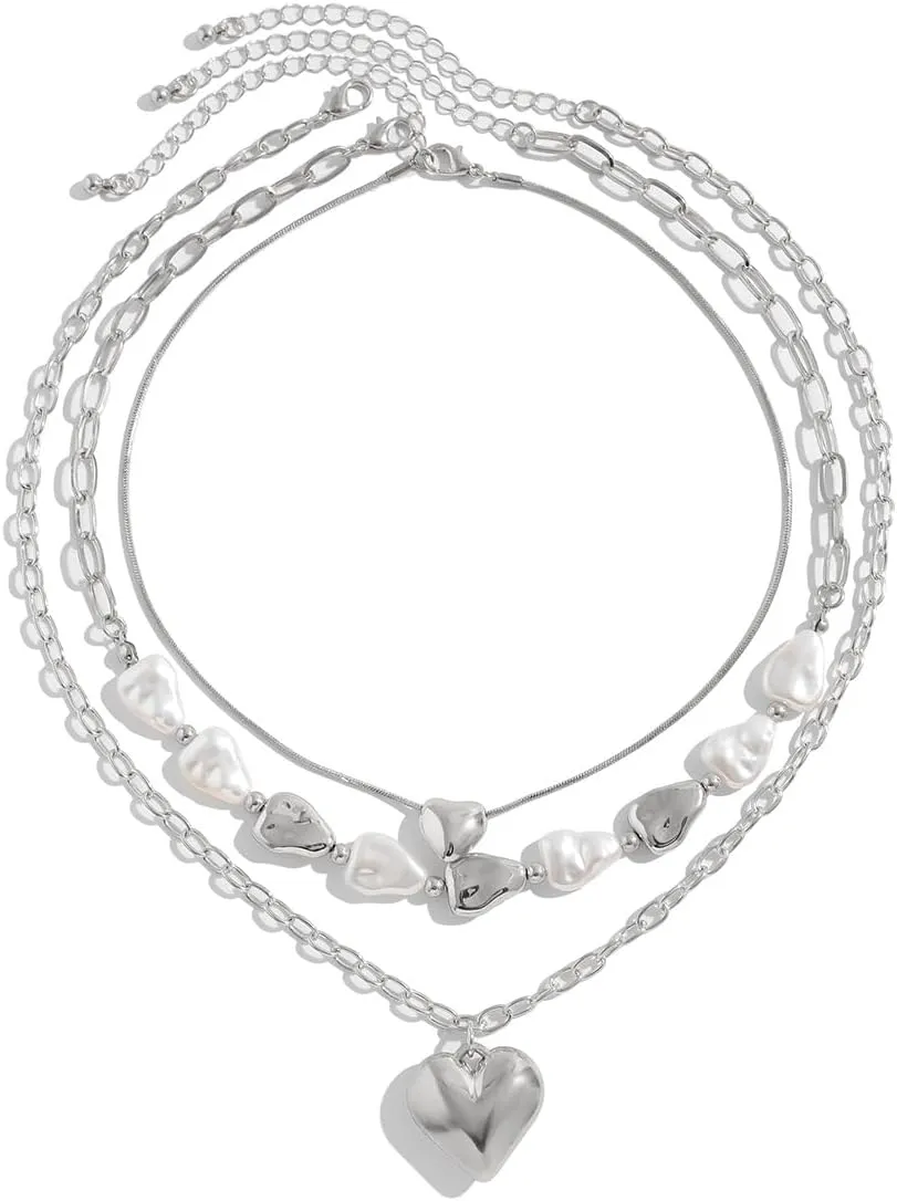 Heart Necklace for Women Chunky Heart Pearl Choker Gold Silver Heart Necklaces Layered Stackable Love Necklaces Dainty Jewelry for Women Y2k Necklace Trendy Jewelry Accessories Gift