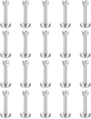 Helicopchain 20Pcs 16G Hypoallergenic Stainless Steel Lip Studs Labret Piercing With 3mm CZ Cartilage Tragus Helix Monroe Piercing Stud Jewelry 6mm 8mm 10mm