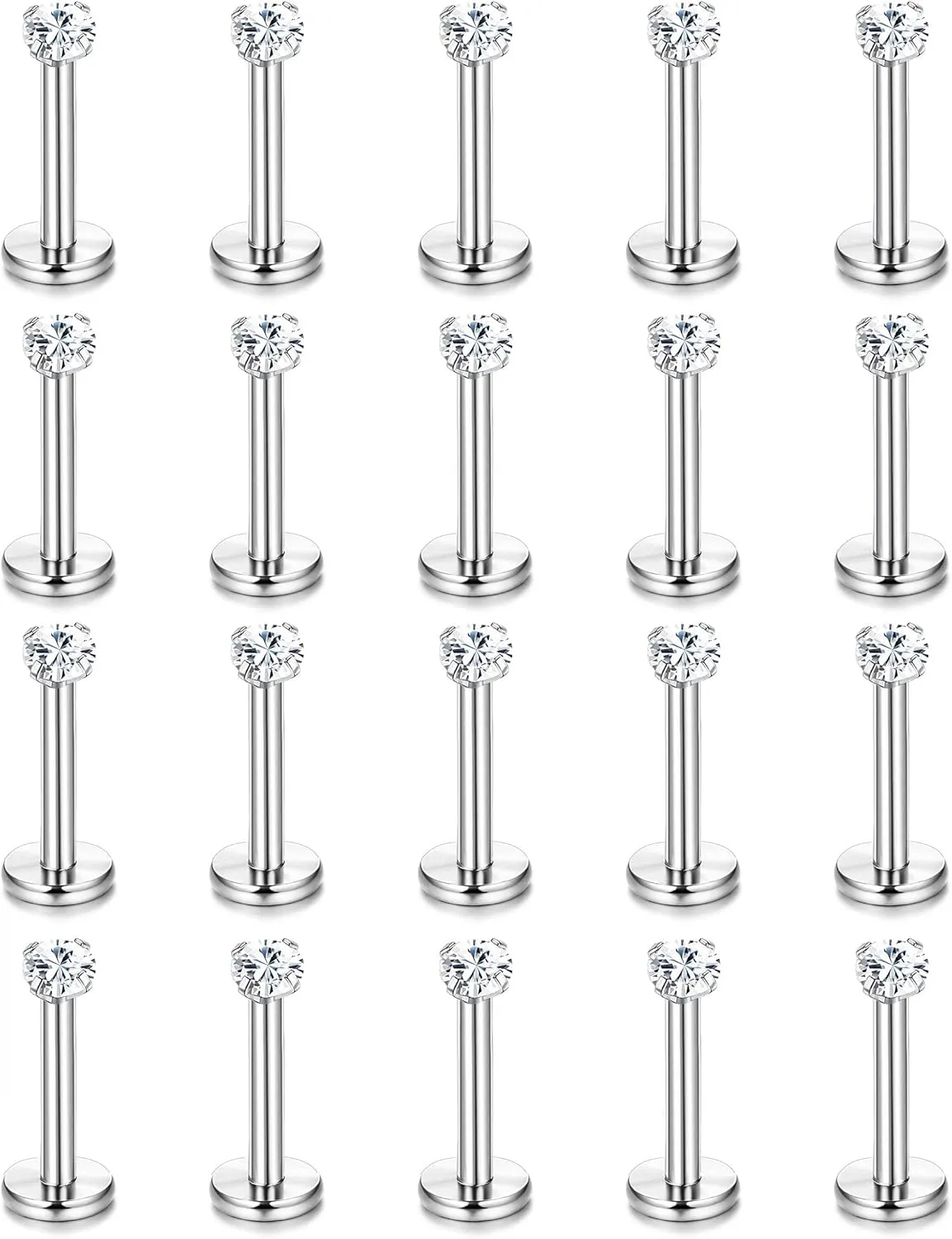 Helicopchain 20Pcs 16G Hypoallergenic Stainless Steel Lip Studs Labret Piercing With 3mm CZ Cartilage Tragus Helix Monroe Piercing Stud Jewelry 6mm 8mm 10mm