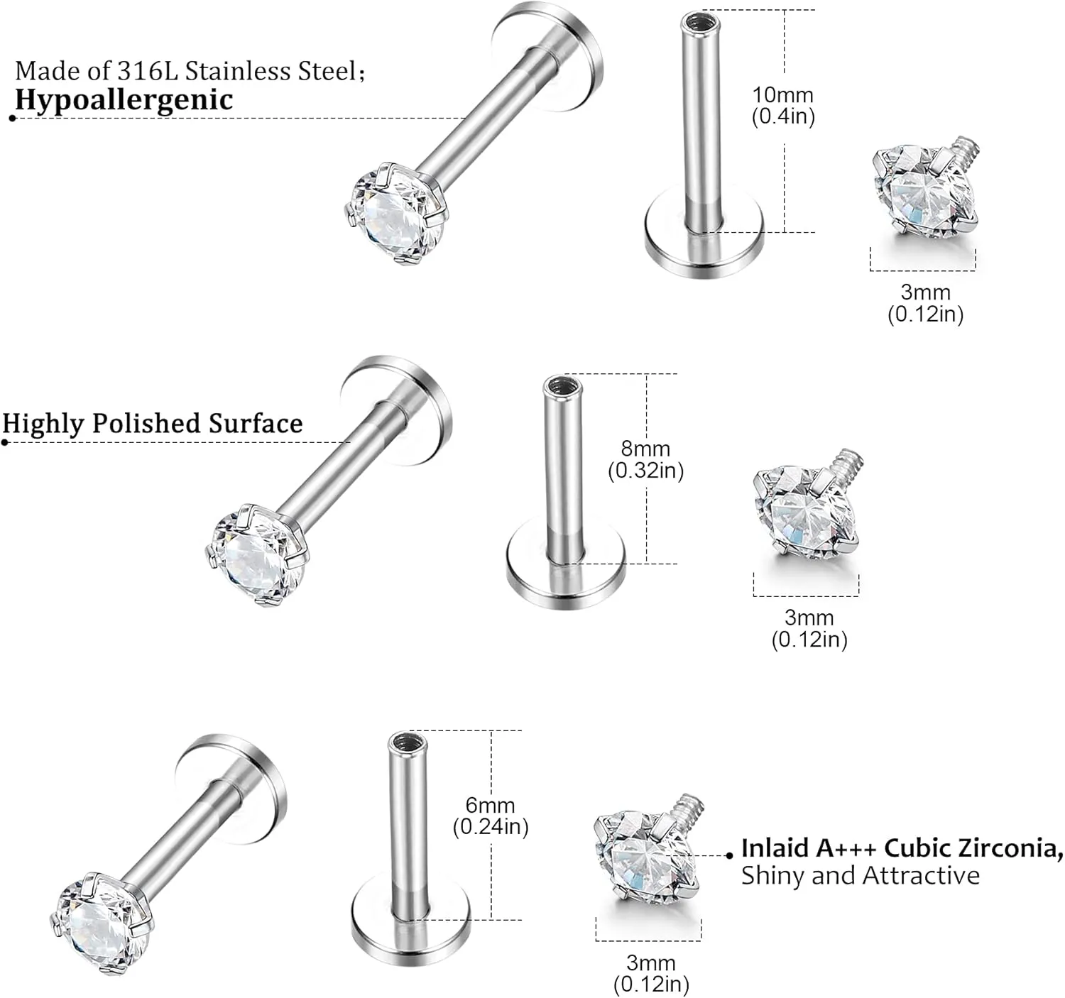 Helicopchain 20Pcs 16G Hypoallergenic Stainless Steel Lip Studs Labret Piercing With 3mm CZ Cartilage Tragus Helix Monroe Piercing Stud Jewelry 6mm 8mm 10mm