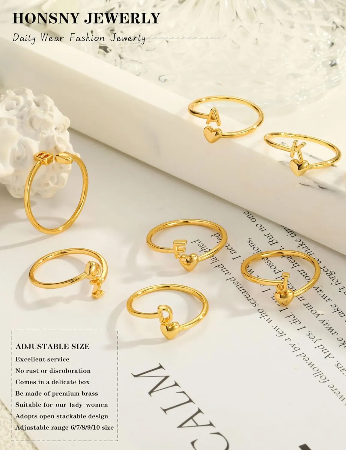 Honsny Gold Initial Rings for Women Non Tarnish 18K Gold Plated Heart Initial Stackable Rings Adjustable Pinky Rings for Women Cute Dainty Alphabet Capital Letter Rings Jewerly Gift