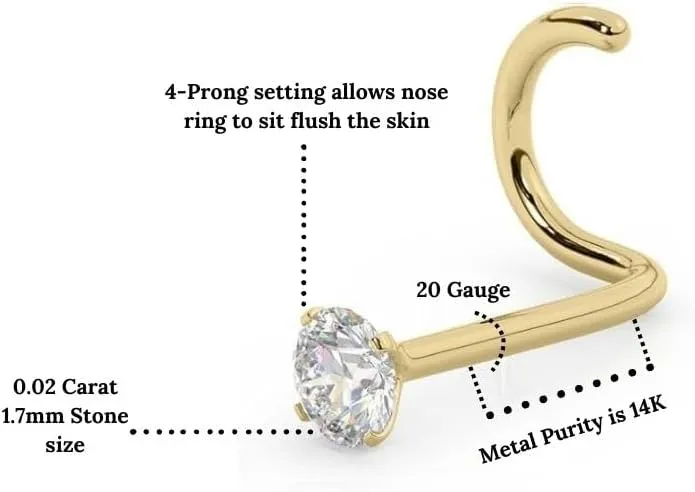 IGI Certified 14K Gold Diamond Nose Stud for Women Men | 18G & 20G Gold Nose Ring | 1.5mm Nose Stud to 3 mm Twist Back Nose Rings | Nose Piercing Studs | Body Piercing Jewelry in Diamond I-J Color & I2-I3 Clarity