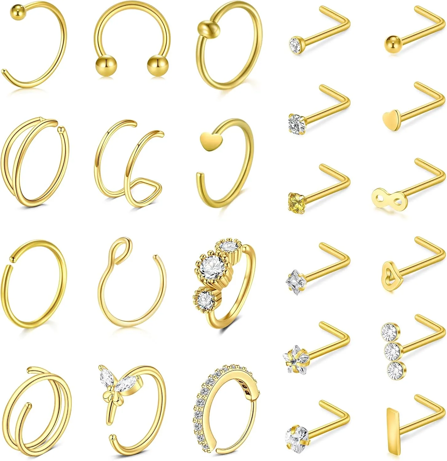 Incaton 20G Stainless Steel Nose Rings for Women Nose Rings Hoops L Shaped Nose Studs Screw Nose Piercing Jewelry for Women Men Silver Rose Gold Black Rainbow