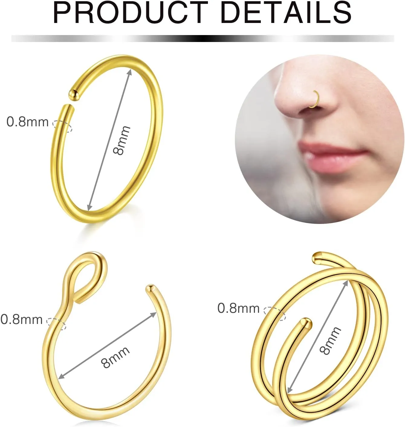 Incaton 20G Stainless Steel Nose Rings for Women Nose Rings Hoops L Shaped Nose Studs Screw Nose Piercing Jewelry for Women Men Silver Rose Gold Black Rainbow