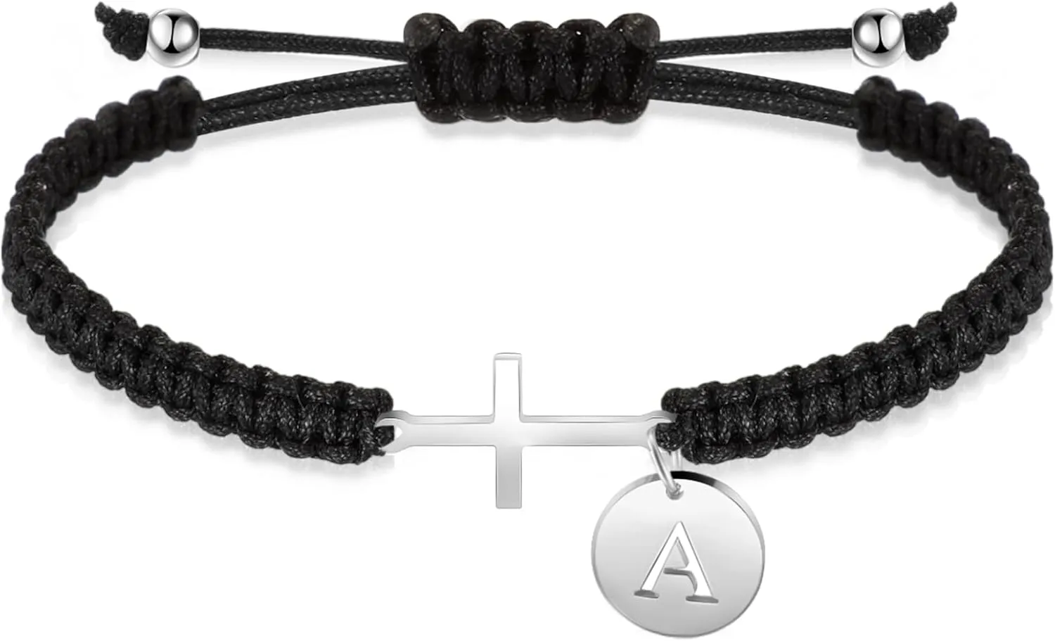 Initial Friendship Cross Bracelet with A-Z Charm Adjustable Braided Bracelet for Women Men Christian Religious Gift