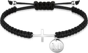 Initial Friendship Cross Bracelet with A-Z Charm Adjustable Braided Bracelet for Women Men Christian Religious Gift