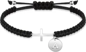 Initial Friendship Cross Bracelet with A-Z Charm Adjustable Braided Bracelet for Women Men Christian Religious Gift