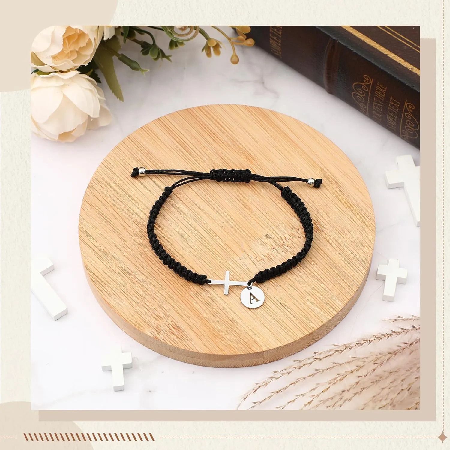 Initial Friendship Cross Bracelet with A-Z Charm Adjustable Braided Bracelet for Women Men Christian Religious Gift