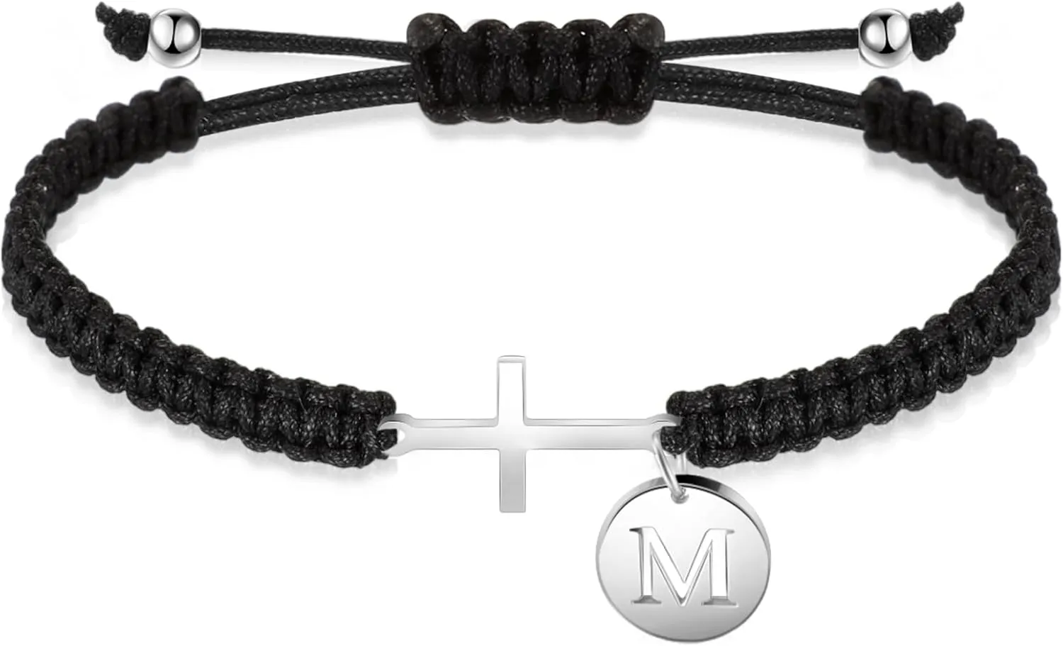 Initial Friendship Cross Bracelet with A-Z Charm Adjustable Braided Bracelet for Women Men Christian Religious Gift