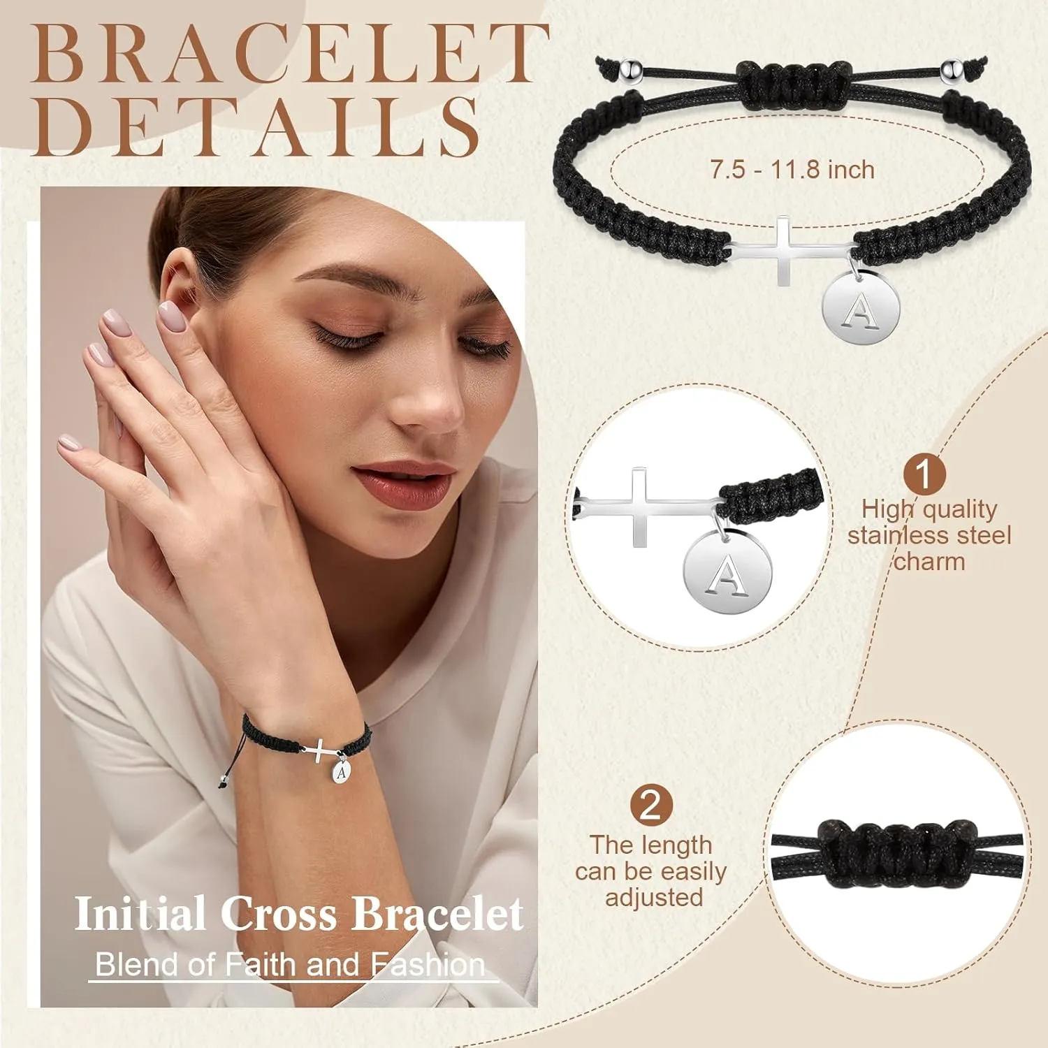 Initial Friendship Cross Bracelet with A-Z Charm Adjustable Braided Bracelet for Women Men Christian Religious Gift