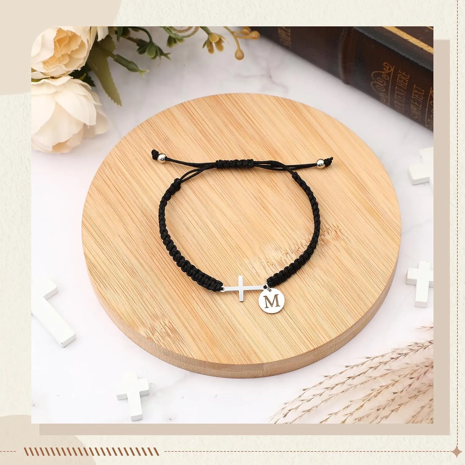 Initial Friendship Cross Bracelet with A-Z Charm Adjustable Braided Bracelet for Women Men Christian Religious Gift