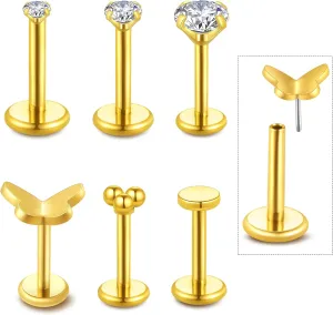 Jamboo 6Pcs 20G Threadless Flatback Small Piercing Studs - Hypoallergenic 14K Gold Filled Surgical Steel Push-in Small Body Piercing Jewelry Set for Multiple Hole Piercing