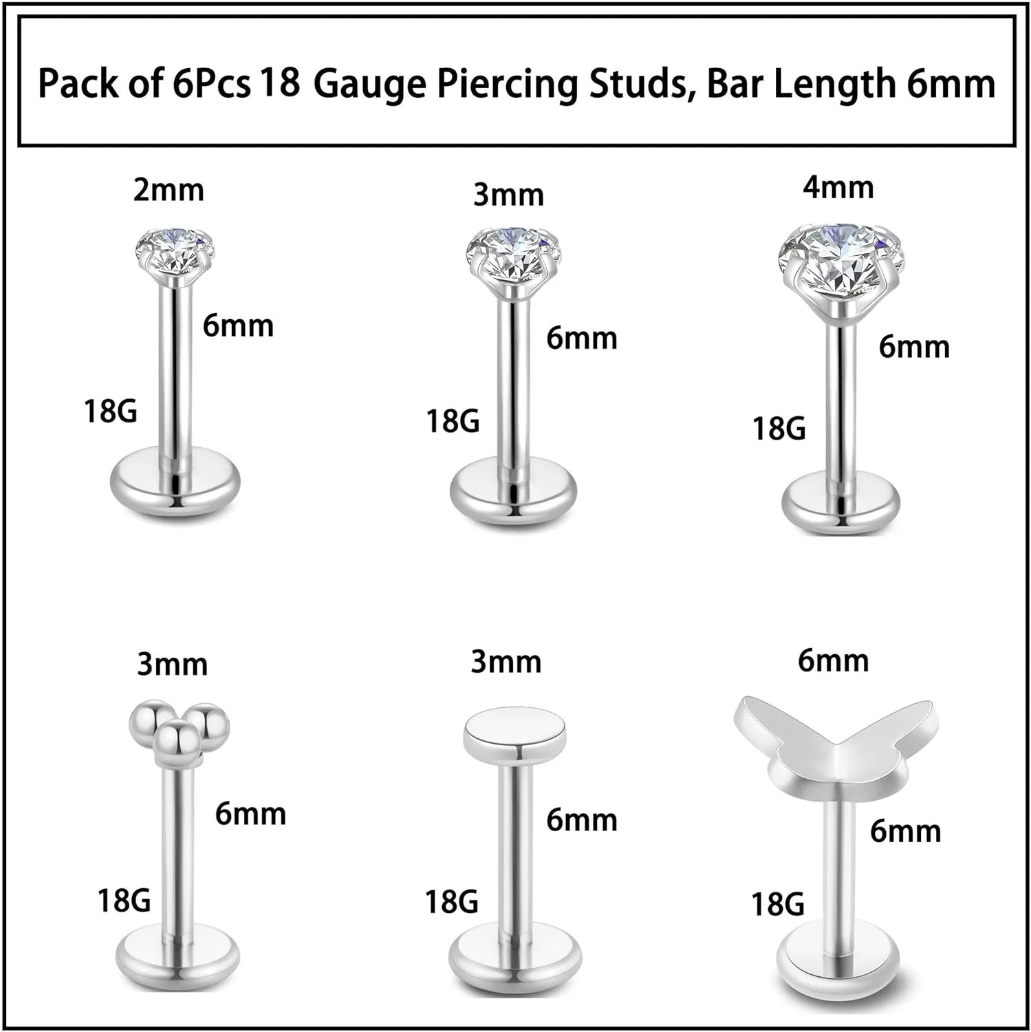 Jamboo 6Pcs 20G Threadless Flatback Small Piercing Studs - Hypoallergenic 14K Gold Filled Surgical Steel Push-in Small Body Piercing Jewelry Set for Multiple Hole Piercing