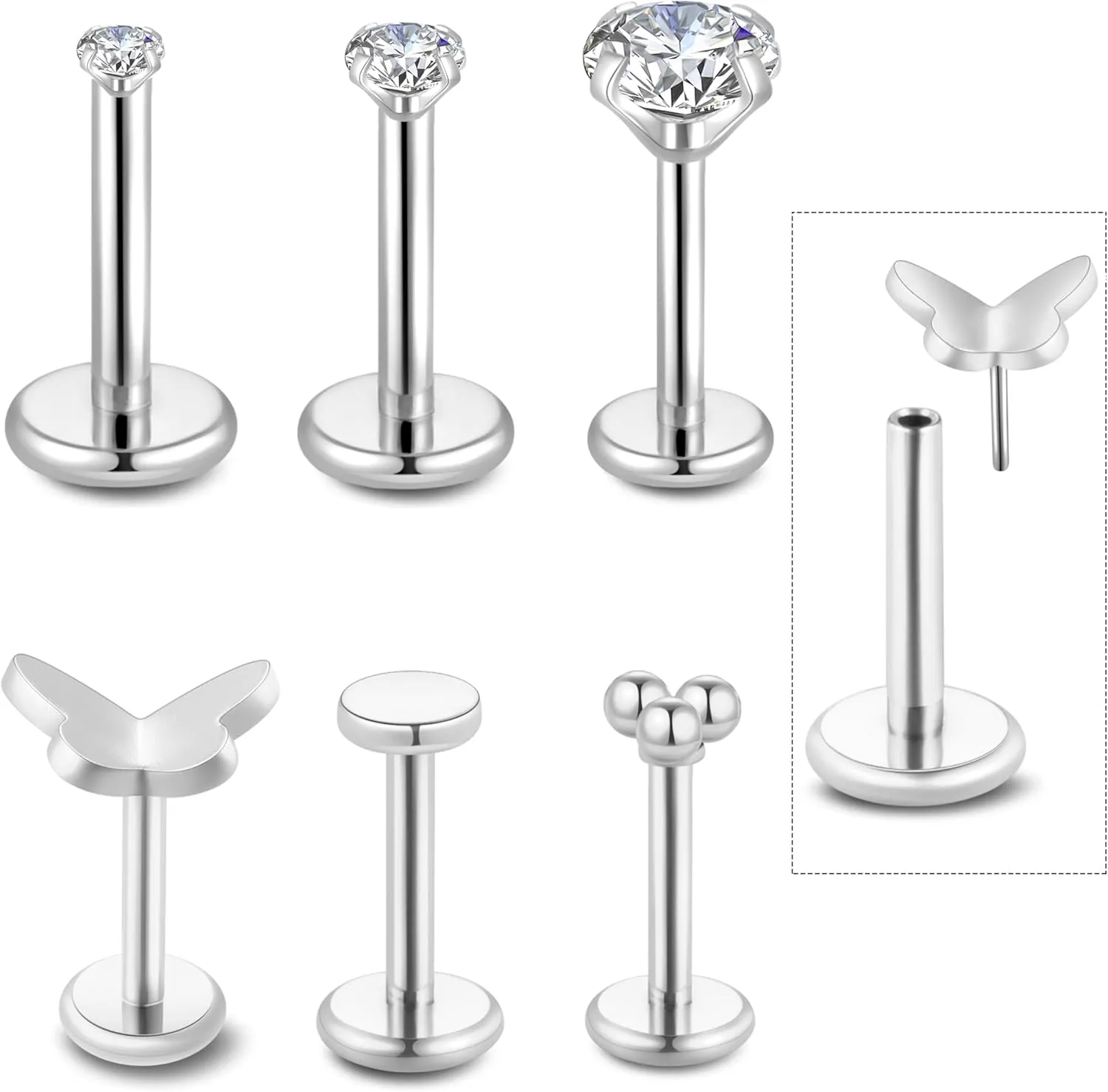 Jamboo 6Pcs 20G Threadless Flatback Small Piercing Studs - Hypoallergenic 14K Gold Filled Surgical Steel Push-in Small Body Piercing Jewelry Set for Multiple Hole Piercing