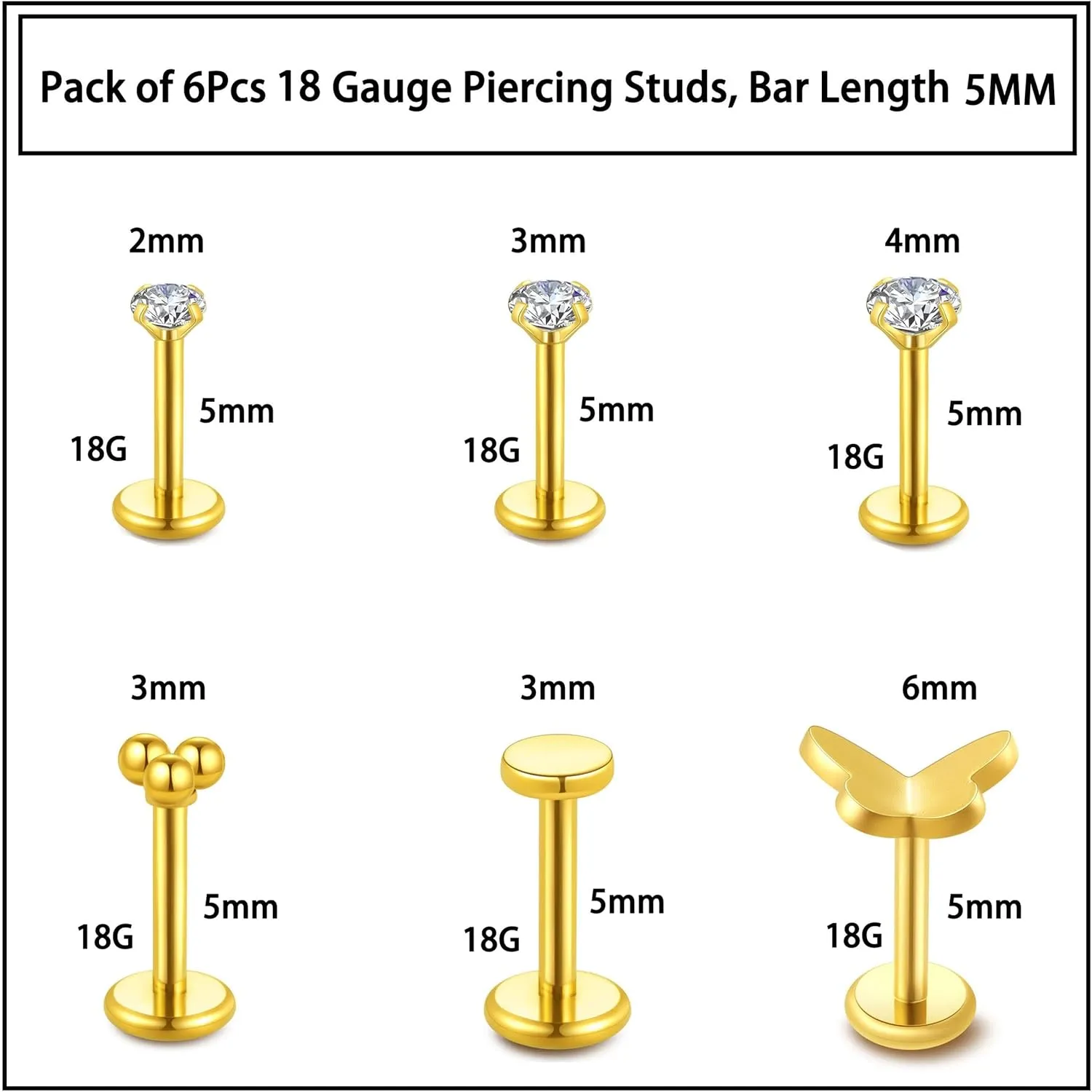 Jamboo 6Pcs 20G Threadless Flatback Small Piercing Studs - Hypoallergenic 14K Gold Filled Surgical Steel Push-in Small Body Piercing Jewelry Set for Multiple Hole Piercing