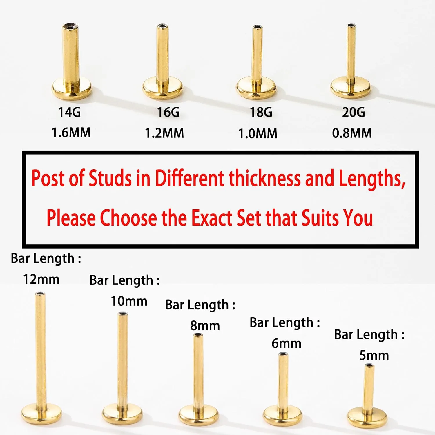 Jamboo 6Pcs 20G Threadless Flatback Small Piercing Studs - Hypoallergenic 14K Gold Filled Surgical Steel Push-in Small Body Piercing Jewelry Set for Multiple Hole Piercing