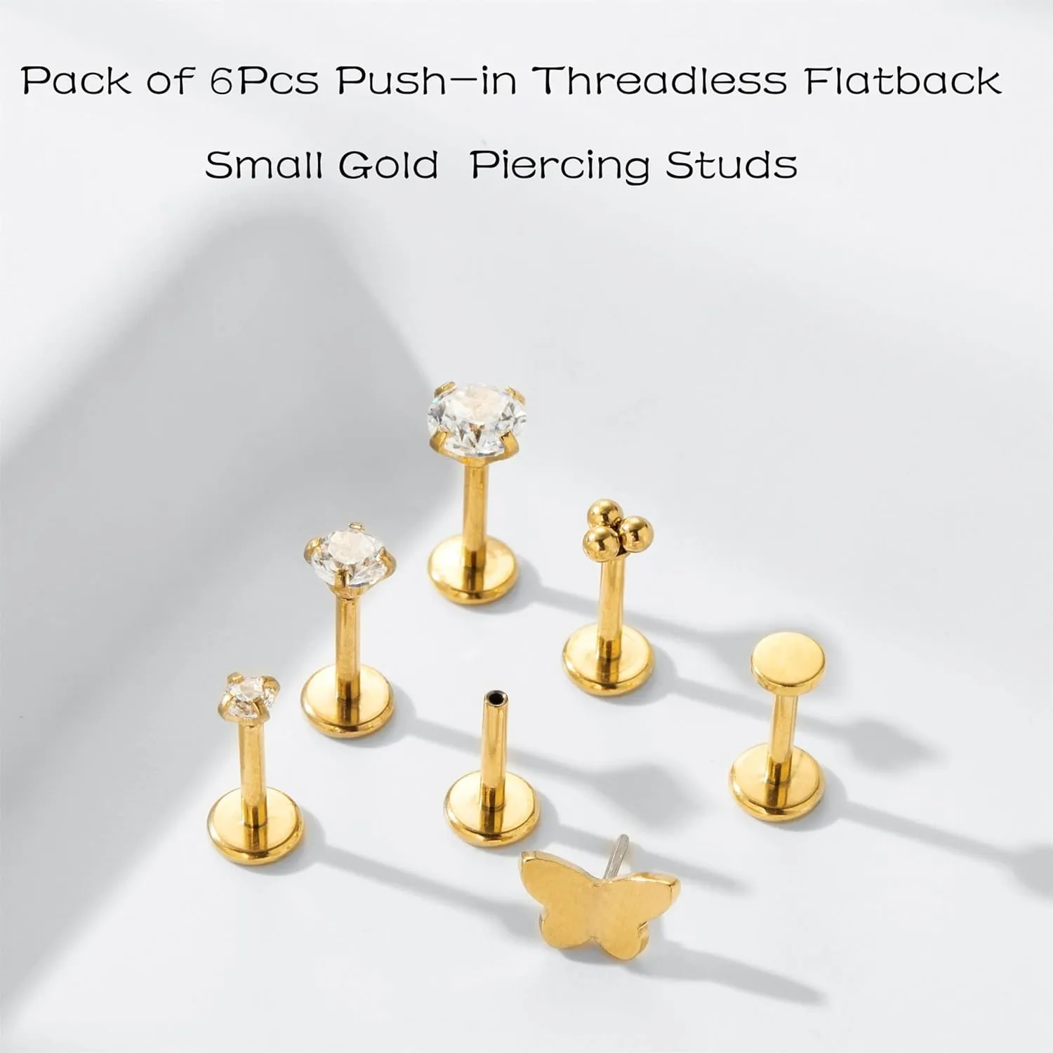 Jamboo 6Pcs 20G Threadless Flatback Small Piercing Studs - Hypoallergenic 14K Gold Filled Surgical Steel Push-in Small Body Piercing Jewelry Set for Multiple Hole Piercing
