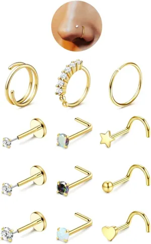 JeryWe Gold Nose Rings for Women - 14K Gold Filled Hypoallergenic Surgical Steel Nose Ring Hoops CZ Opal Lip Ring Screw L Shaped Studs Threadless Flat Back Stud Nose Piercings Jewelry for Women Men
