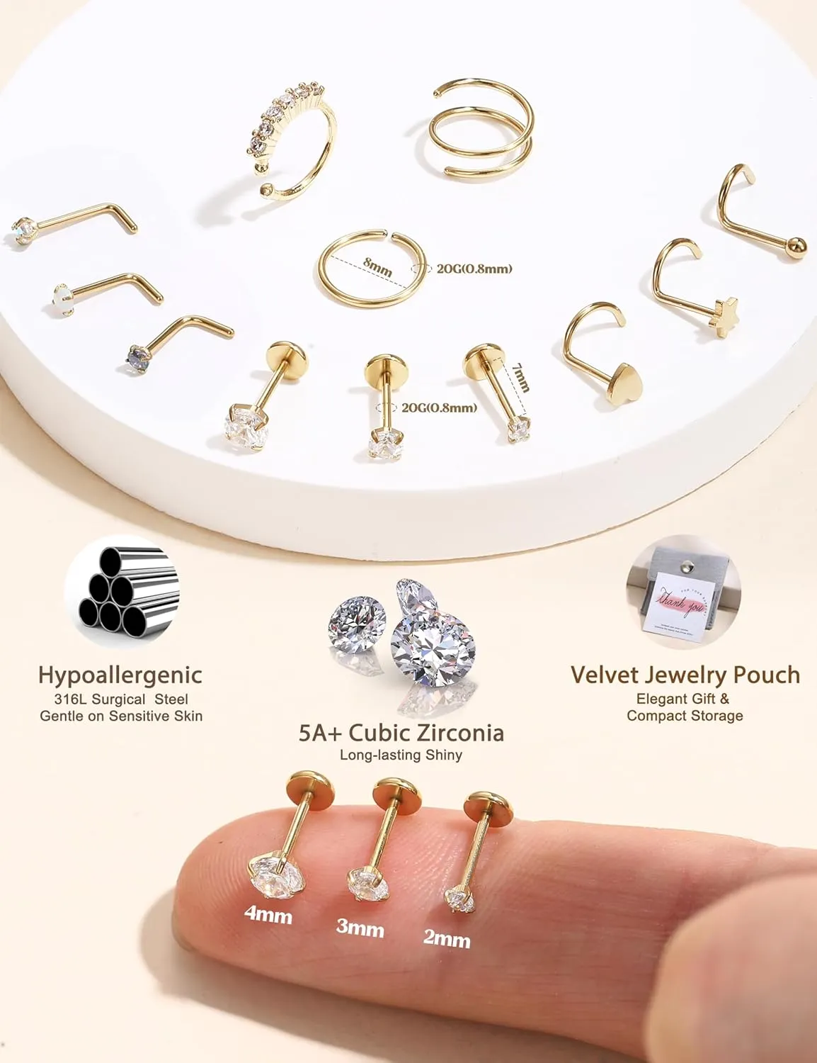 JeryWe Gold Nose Rings for Women - 14K Gold Filled Hypoallergenic Surgical Steel Nose Ring Hoops CZ Opal Lip Ring Screw L Shaped Studs Threadless Flat Back Stud Nose Piercings Jewelry for Women Men