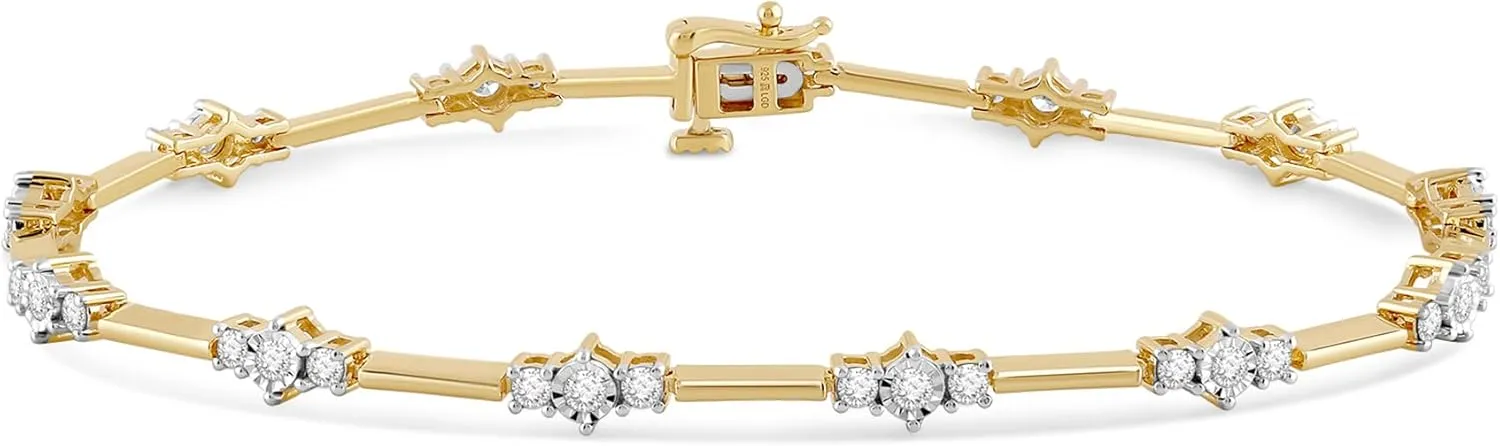 Jewelili Yellow Gold Plated 925 Sterling Silver Diamond Link Bracelet for Women | 1.0 CTW Wedding Jewelry | H Color I1 Clarity | Lab Grown Diamond Link Bracelet | Jewelry Gift Box