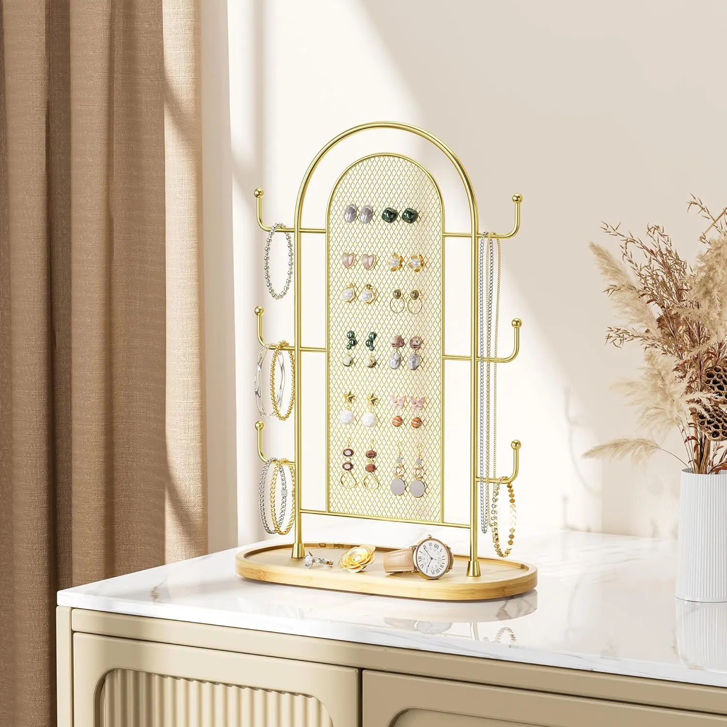 Jewelry Display Earring Stand Gold Organizer Earring StorageTree Jewelry Rack Towers with 6 Hooks 300 Stud Holes Wood Tray for Necklaces Bracelets Ring