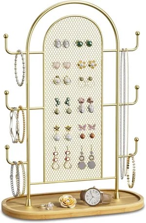 Jewelry Display Earring Stand Gold Organizer Earring StorageTree Jewelry Rack Towers with 6 Hooks 300 Stud Holes Wood Tray for Necklaces Bracelets Ring