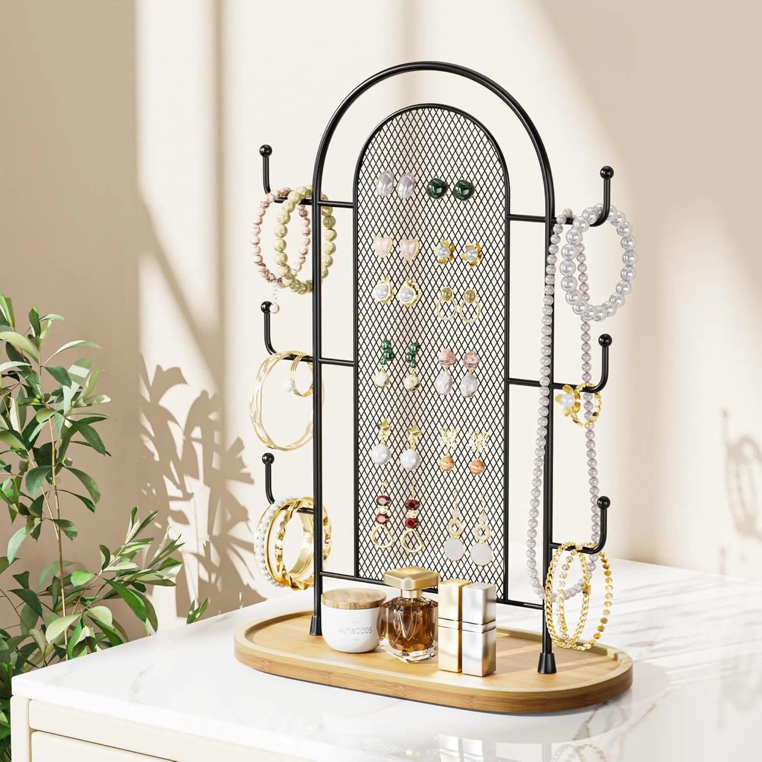 Jewelry Holder Organizer Earring Display - Stands Earring Storage Earring tree Hanger Jewelry Towers Rack with 6 Hooks 300 Stud Holes Wood Tray for Necklaces Bracelets Rings