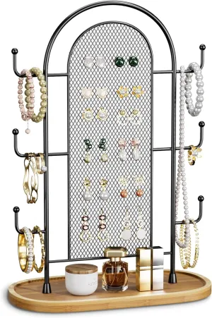 Jewelry Holder Organizer Earring Display - Stands Earring Storage Earring tree Hanger Jewelry Towers Rack with 6 Hooks 300 Stud Holes Wood Tray for Necklaces Bracelets Rings