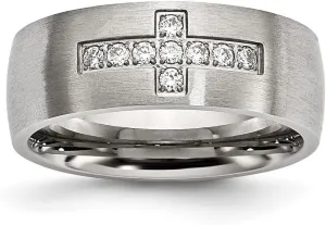 JewelryWeb 7.75mm Stainless Steel Brushed CZ Simulated Diamond Religious Faith Cross Ring Size 10.5 Band Style-Ring for Women