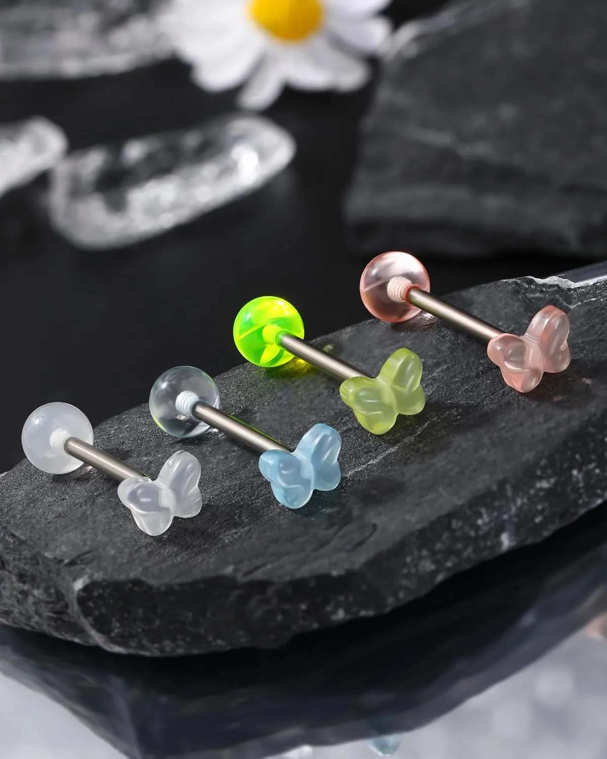 Jewseen 4Pcs G23 Implant Grade Titanium Tongue Rings 14g Tongue Piercing Jewelry Acrylic Star Tongue Barbell for Women Men