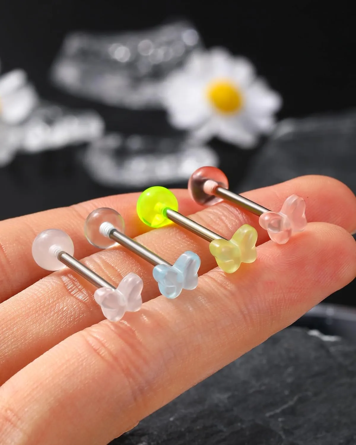 Jewseen 4Pcs G23 Implant Grade Titanium Tongue Rings 14g Tongue Piercing Jewelry Acrylic Star Tongue Barbell for Women Men