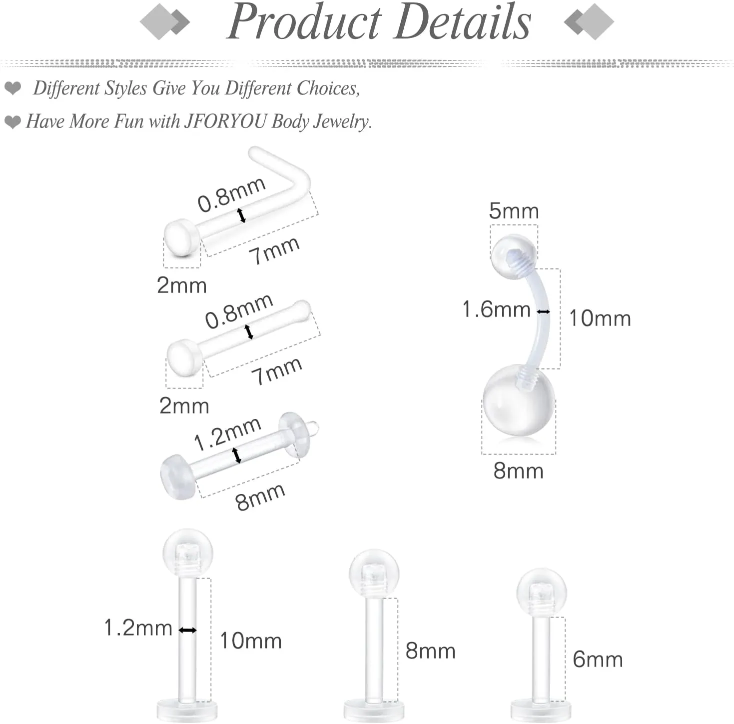 JFORYOU 18-20G Clear Acrylic Nose Ring Bioflex Stud Retainer Nose Piercing Body Jewelry for Men Women