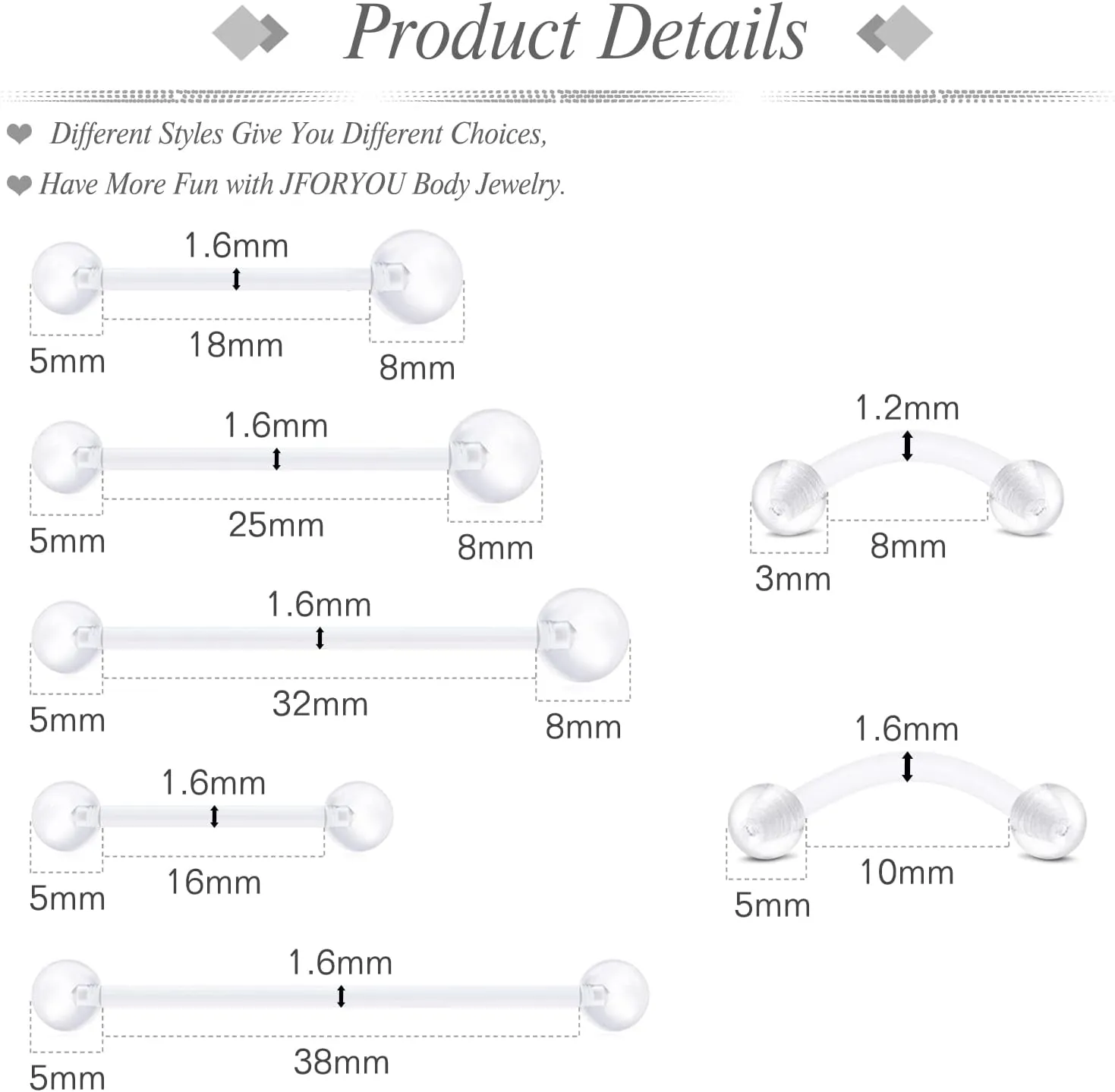 JFORYOU 18-20G Clear Acrylic Nose Ring Bioflex Stud Retainer Nose Piercing Body Jewelry for Men Women