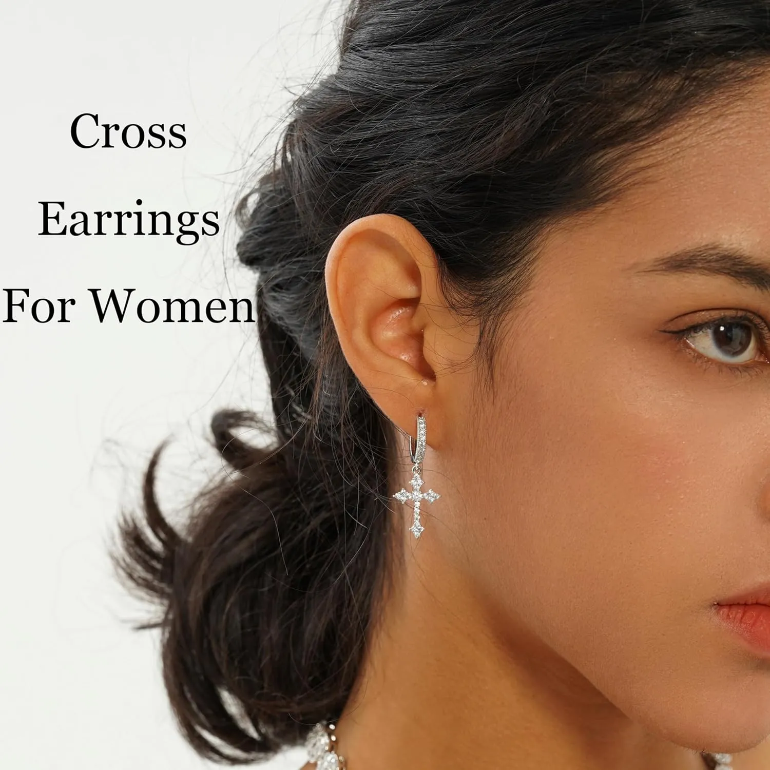 JINAO Cross Hoop Dangle Earrings 14K Gold Plated 5A  Cubic Zirconia Cartilage Hypoallergenic Sterling Silver Cross Dangle Drop Earrings For Men Women
