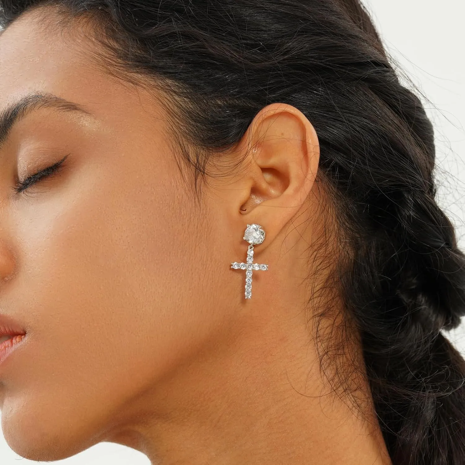JINAO Cross Hoop Dangle Earrings 14K Gold Plated 5A  Cubic Zirconia Cartilage Hypoallergenic Sterling Silver Cross Dangle Drop Earrings For Men Women