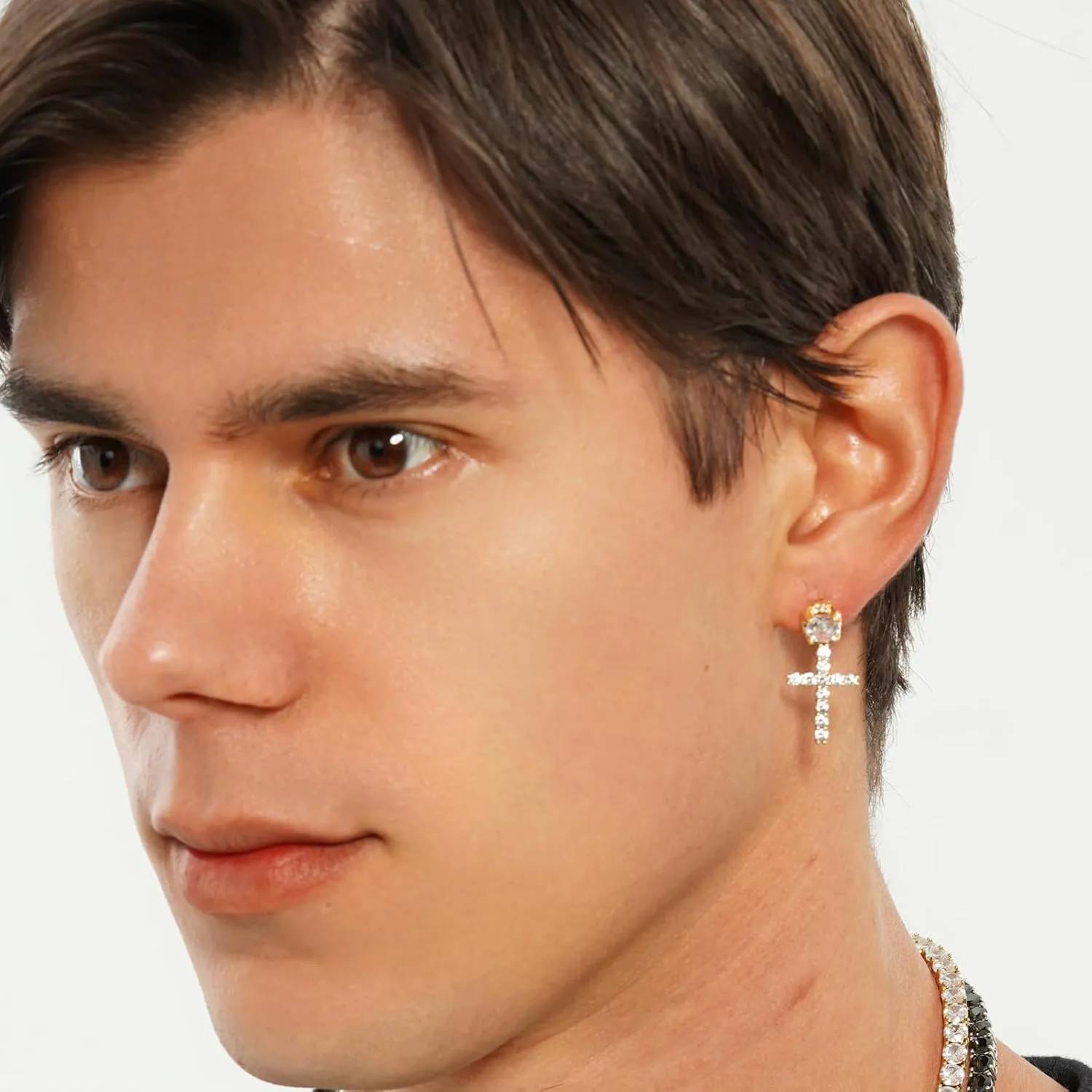 JINAO Cross Hoop Dangle Earrings 14K Gold Plated 5A  Cubic Zirconia Cartilage Hypoallergenic Sterling Silver Cross Dangle Drop Earrings For Men Women