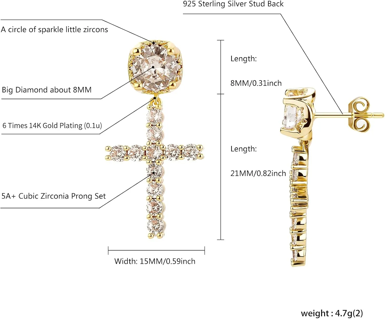 JINAO Cross Hoop Dangle Earrings 14K Gold Plated 5A  Cubic Zirconia Cartilage Hypoallergenic Sterling Silver Cross Dangle Drop Earrings For Men Women