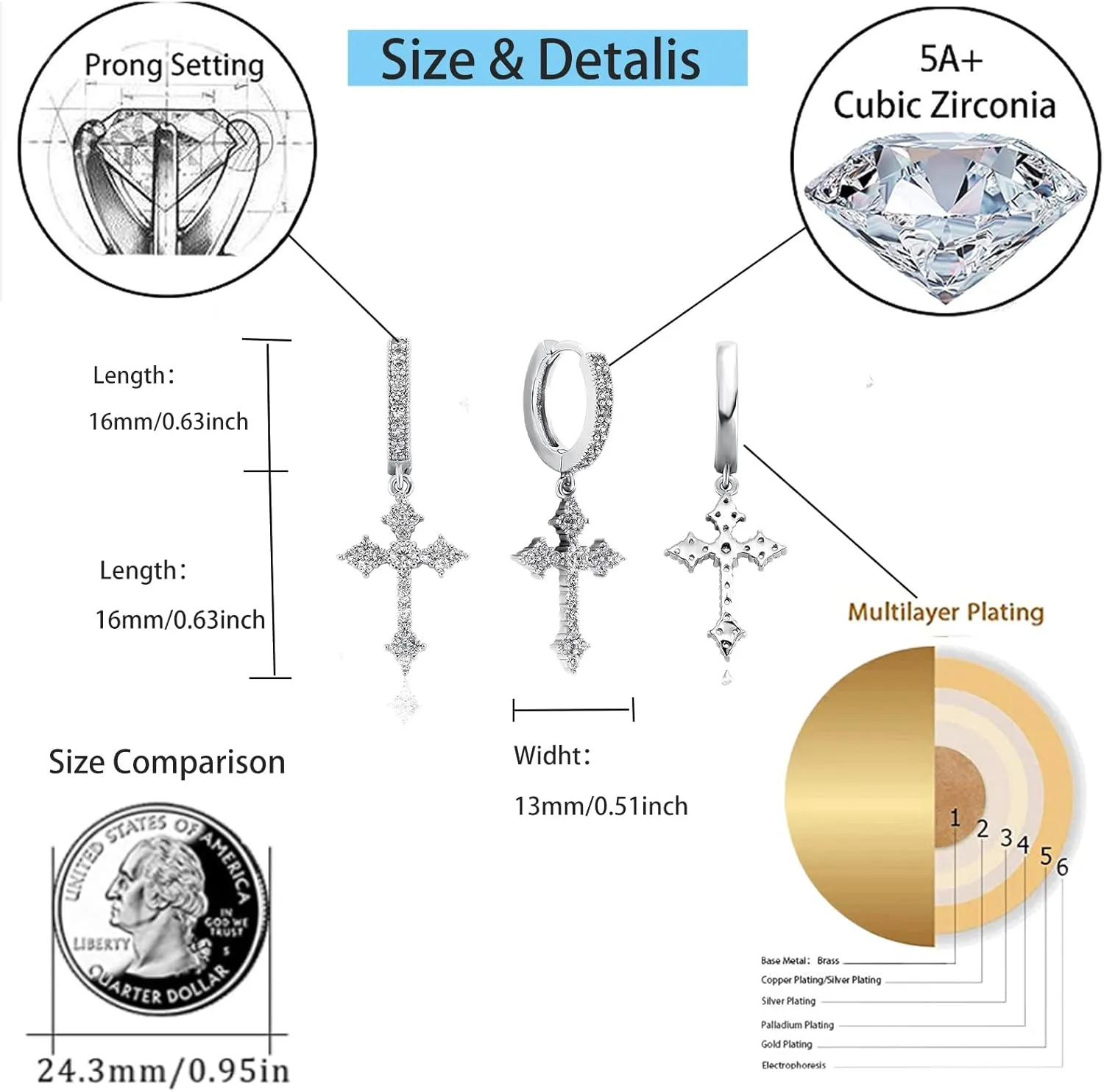 JINAO Cross Hoop Dangle Earrings 14K Gold Plated 5A  Cubic Zirconia Cartilage Hypoallergenic Sterling Silver Cross Dangle Drop Earrings For Men Women