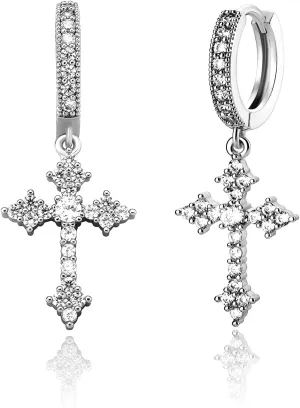 JINAO Cross Hoop Dangle Earrings 14K Gold Plated 5A  Cubic Zirconia Cartilage Hypoallergenic Sterling Silver Cross Dangle Drop Earrings For Men Women