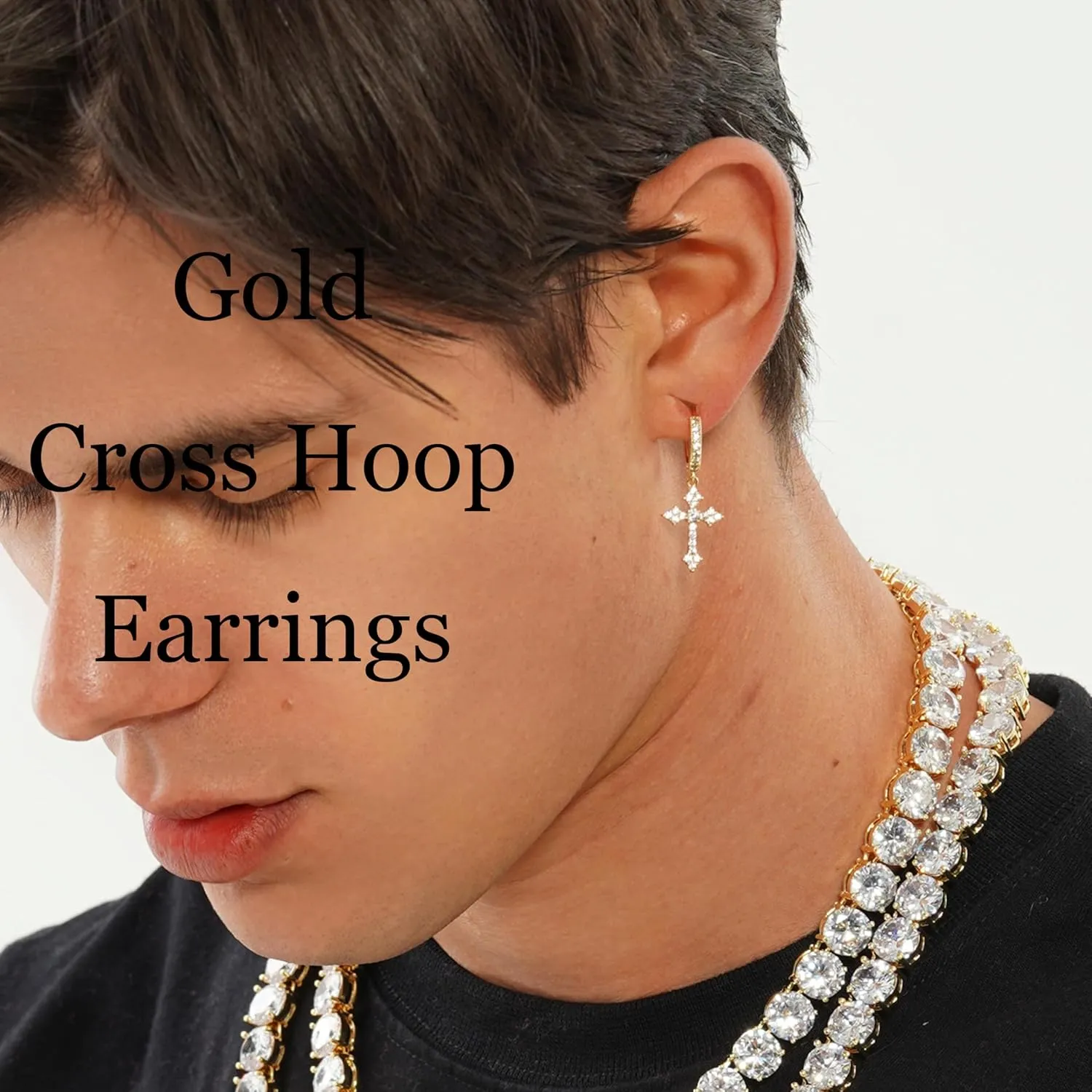 JINAO Cross Hoop Dangle Earrings 14K Gold Plated 5A  Cubic Zirconia Cartilage Hypoallergenic Sterling Silver Cross Dangle Drop Earrings For Men Women