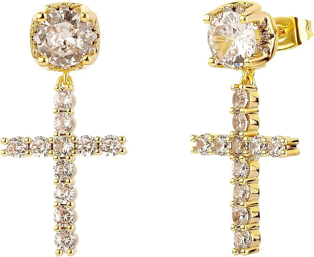 JINAO Cross Hoop Dangle Earrings 14K Gold Plated 5A  Cubic Zirconia Cartilage Hypoallergenic Sterling Silver Cross Dangle Drop Earrings For Men Women