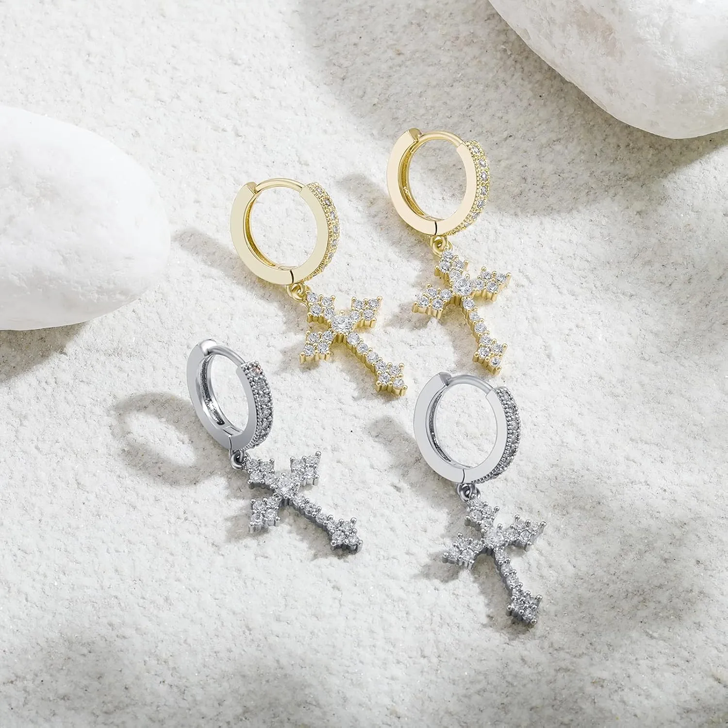JINAO Cross Hoop Dangle Earrings 14K Gold Plated 5A  Cubic Zirconia Cartilage Hypoallergenic Sterling Silver Cross Dangle Drop Earrings For Men Women