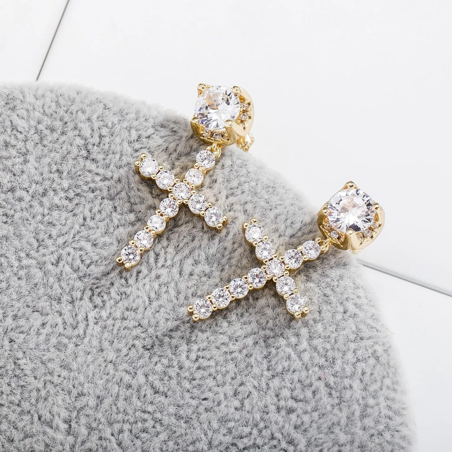 JINAO Cross Hoop Dangle Earrings 14K Gold Plated 5A  Cubic Zirconia Cartilage Hypoallergenic Sterling Silver Cross Dangle Drop Earrings For Men Women