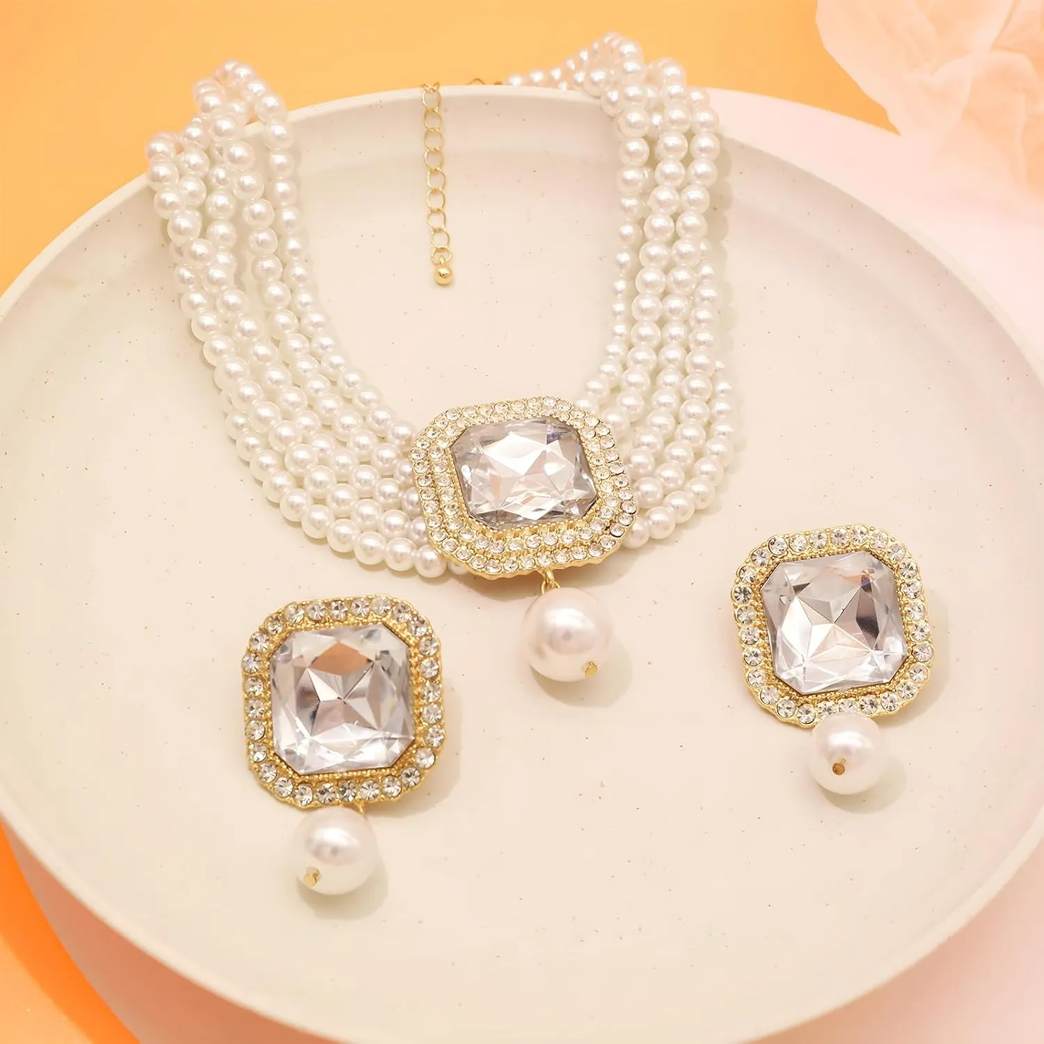 JNF Gold Plated Pearl Choker Collar Necklace for Women Crystal Rhinestone Pearl Statement Necklace and Earrings Bridal Pearls Diamond jewelry Set for Wedding