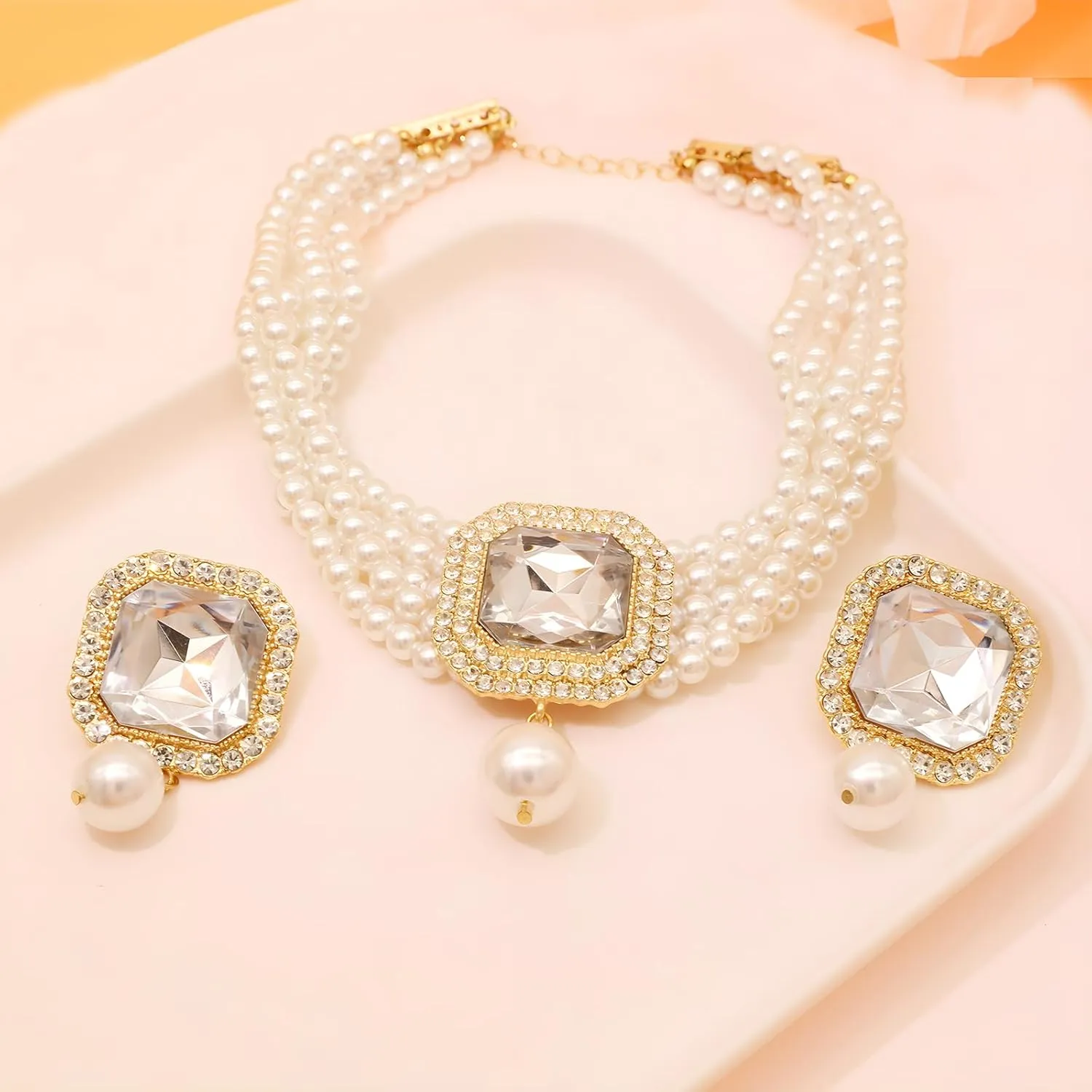 JNF Gold Plated Pearl Choker Collar Necklace for Women Crystal Rhinestone Pearl Statement Necklace and Earrings Bridal Pearls Diamond jewelry Set for Wedding