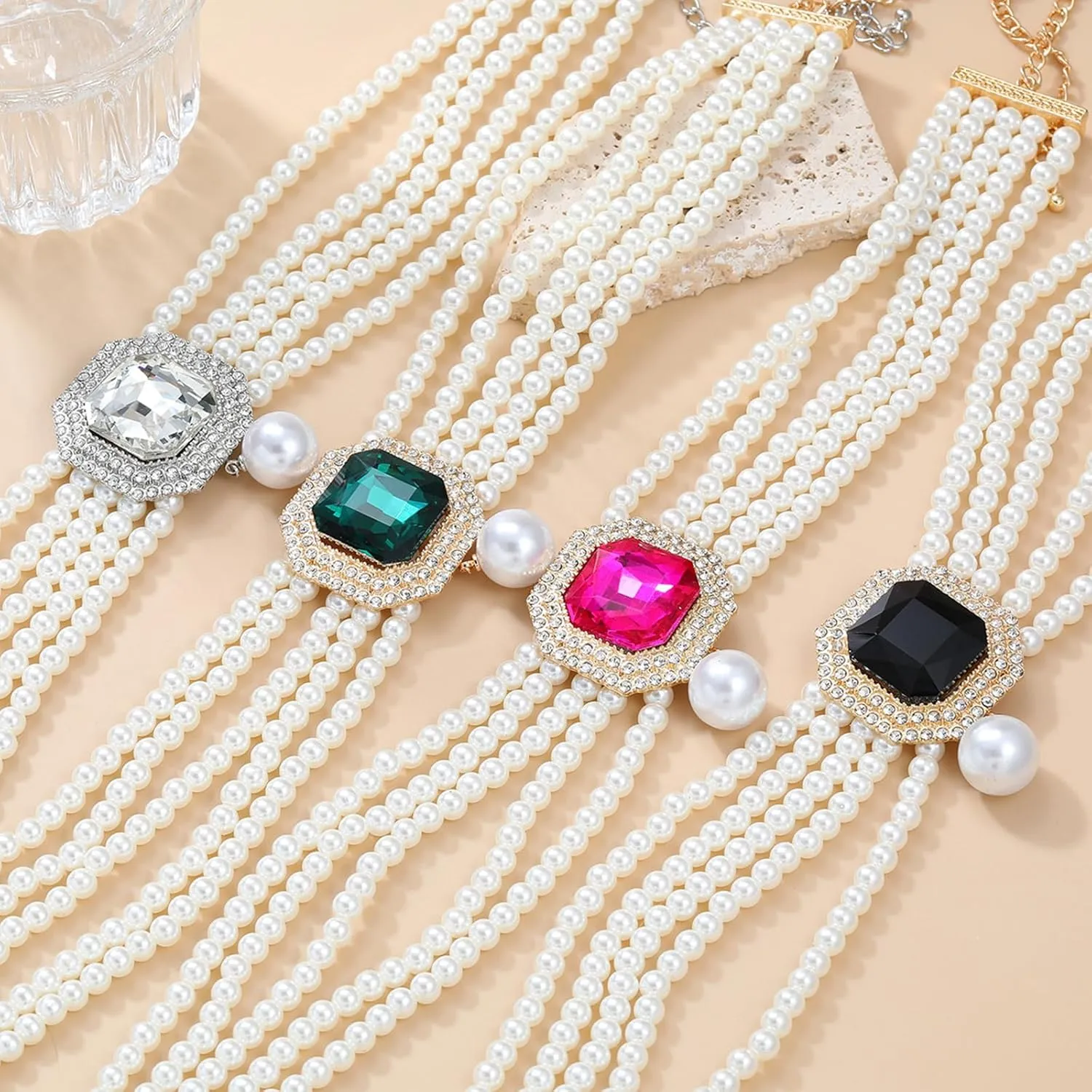 JNF Gold Plated Pearl Choker Collar Necklace for Women Crystal Rhinestone Pearl Statement Necklace and Earrings Bridal Pearls Diamond jewelry Set for Wedding