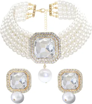 JNF Gold Plated Pearl Choker Collar Necklace for Women Crystal Rhinestone Pearl Statement Necklace and Earrings Bridal Pearls Diamond jewelry Set for Wedding