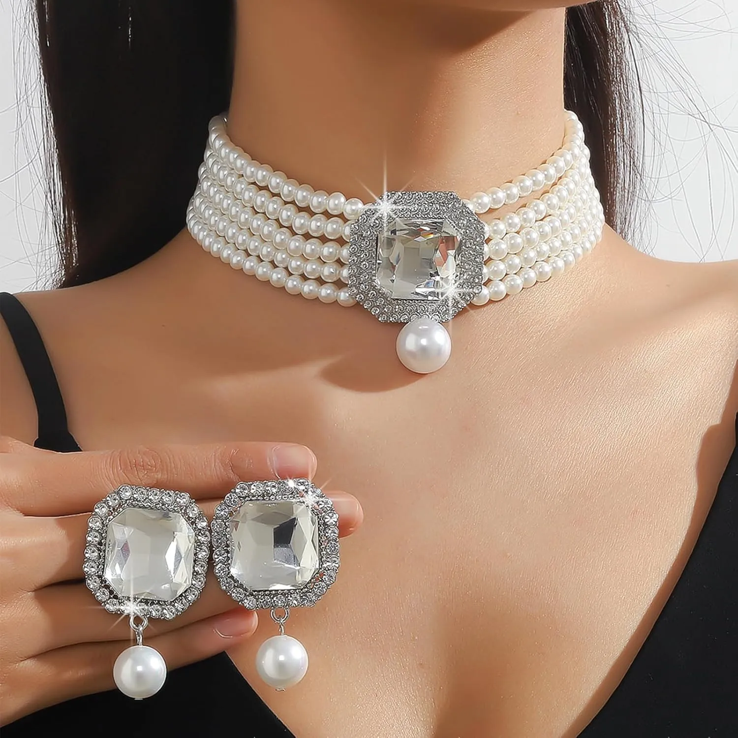 JNF Gold Plated Pearl Choker Collar Necklace for Women Crystal Rhinestone Pearl Statement Necklace and Earrings Bridal Pearls Diamond jewelry Set for Wedding